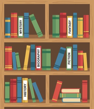 Wooden bookshelf filled with colorful books sorted by literary genres including mystery fantasy biography fiction and history for library education reading knowledge and literature study.