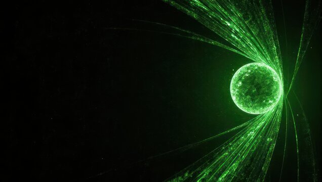 Glowing green energy sphere with radiating light beams on a dark background. - Powered by Adobe