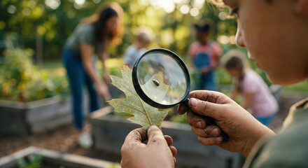 A boy looks closely at a leaf with a magnifying lens while adults and kids garden.