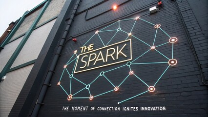 The Spark logo with interconnected lines and nodes representing innovation and connection on a dark textured wall