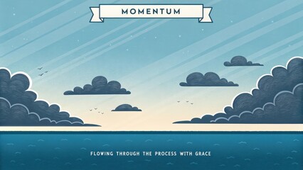 Sky, ocean, and clouds illustration with the word Momentum and text about flowing through the process with grace