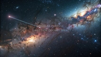 Single thin line of light cuts across a vast cosmic nebula in deep space with stars