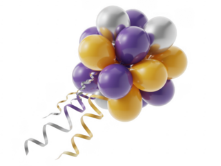 Large cluster of purple, yellow, and silver balloons with ribbons isolated on a transparent background