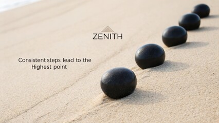 Perfectly smooth dark spheres arranged in a line on sand, representing steps towards a goal, with Zenith branding
