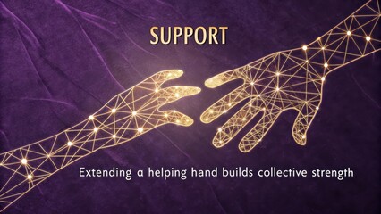 Two stylized glowing hands reaching out to connect, symbolizing support and collective unity, rendered with intricate geometric patterns on a deep purple background.