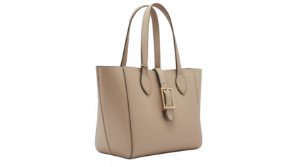 Beige leather tote bag with gold buckle purse isolated on a transparent background