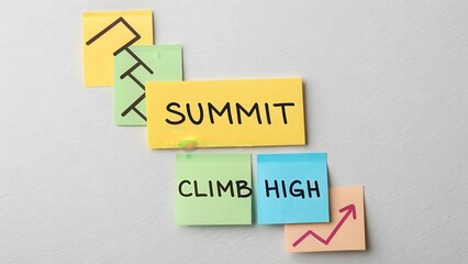 Sticky notes with 'Summit' and 'Climb High' messages arranged diagonally upwards, representing achievement and aspiration.
