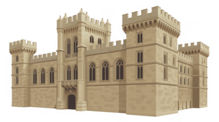 Beige stone castle with towers medieval isolated on a transparent background