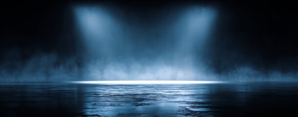 Dark blue abstract background with glowing spotlight and atmospheric smoke glowing light