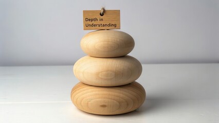 Three smooth, unvarnished wooden spheres stacked in balance with a tag reading Depth in Understanding