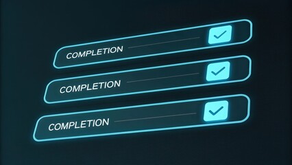 Digital checklist displaying multiple completed tasks with glowing checkmarks on a dark interface