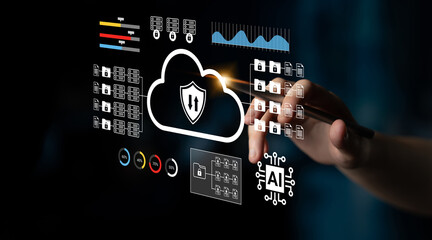 An illustration showcasing a cloud security interface with data visualizations, emphasizing the importance of cybersecurity and AI in modern business strategies. Gantry
