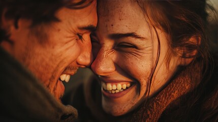 8k, realistic, full ultra HD, high resolution, cinematic photography A close-up of a couple's faces, softly illuminated, sharing a laugh with a backdrop of a sunset