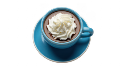 Blue mug with whipped cream on hot chocolate saucer isolated on a transparent background