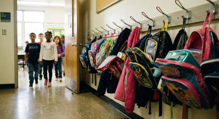 Children walk to their classroom while backpacks are hung on the wall.