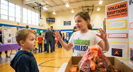 A girl explains her volcano project while a boy listens at a school science fair.
