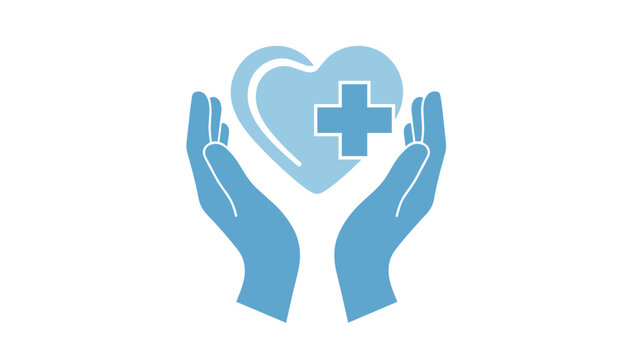 Two cupped hands gently holding a blue heart with a prominent medical cross, symbolizing compassionate healthcare and medical protection.