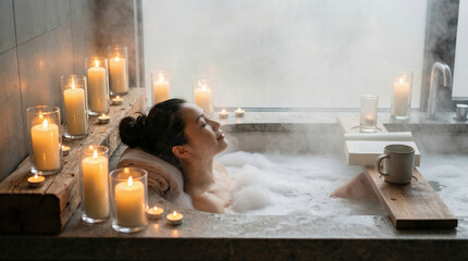 Asian woman relaxing in a luxurious bathtub filled with bubbles, surrounded by glowing candles and a serene atmosphere, creating a tranquil self-care experience