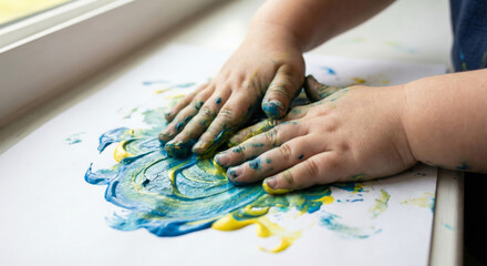 A child creates art using blue and yellow paint on a sunny day indoors.
