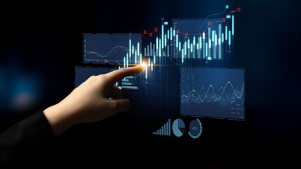 A hand interacts with a digital screen displaying various business analytics and data visualization elements, showcasing modern technology and insights into market trends and performance. Scalp