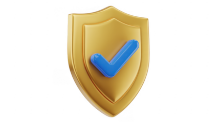 Gold shield with blue checkmark on black security protection isolated on a transparent background