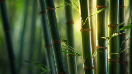 Fototapeta premium Tranquil Zen Composition of Bamboo Stalks Bathed in Gentle Light for Serene Ambiance and Natural Beauty