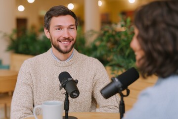 Naklejka premium Engaging conversation between a man and woman seated at a table with podcast microphones, creating a lively atmosphere for an insightful discussion