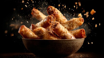Delicious Spring Rolls Bursting with Flavor Flying from Bowl Surrounded by Crunchy Flakes and Spices in Bold Lighting