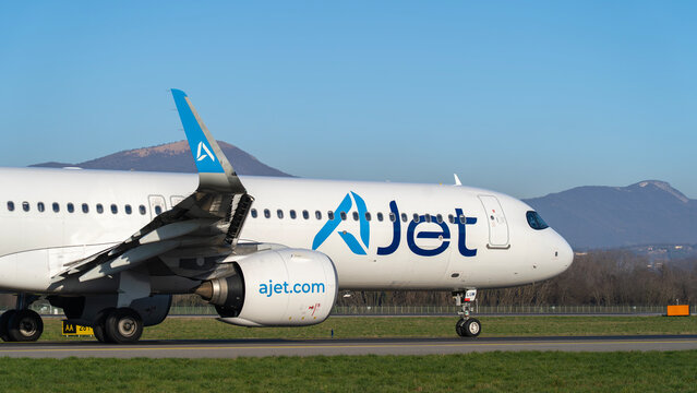 AJet Airbus A321 NEO is taxiing at BGY Bergamo Milano international airport. AJet is part of Turkish Airlines