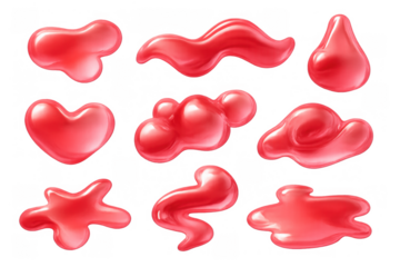 Red glossy liquid drops creating abstract flowing shapes and a heart on a transparent background