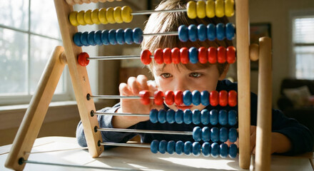 A boy practices counting on an abacus while sitting by a window in daylight.