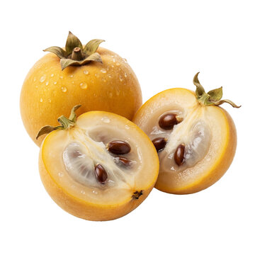 Fresh abiu fruit shown whole and halved, revealing translucent jelly-like flesh and glossy brown seeds, highlighting tropical ripeness, natural sweetness, and exotic texture for fresh food concepts.