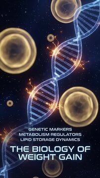 Rotating DNA double helix with floating fat cells and text about the biology of weight gain. Scientific animation showing genetic markers and lipid storage dynamics. World Obesity Day concept