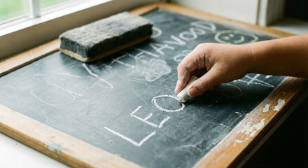 A young boy practices writing letters on a chalkboard at home during the day.