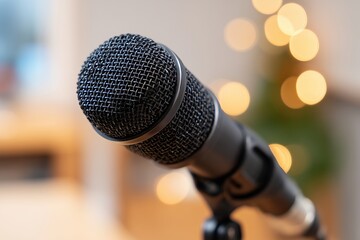 Fototapeta premium Close up of a professional microphone with bokeh background, showcasing intricate mesh details and sleek design, perfect for audio recording and performance settings