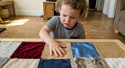 A boy touches various fabric patches on a table inside a room during the day.