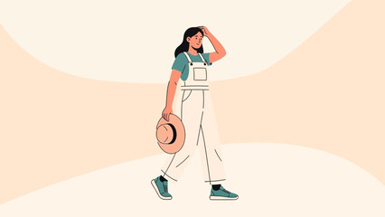Fototapeta premium Woman in Overalls Walking with Hat, Looking Ahead