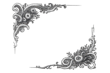 Ornate scrollwork frame corner border element with vintage antique filigree design, transparent background