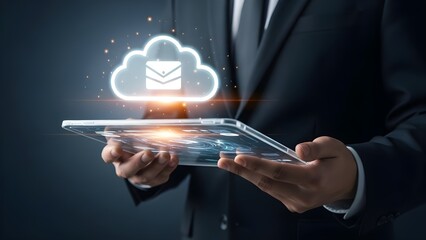 Holographic Cloud on Digital Tablet &ndash; Enterprise Cloud Computing & Data Sync Technology Concept