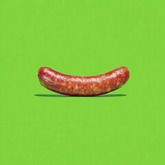 Single Sausage on Bright Green Background