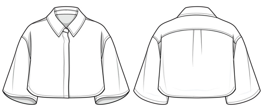 Women's Cropped Shirt Blouse top flat sketch fashion illustration drawing, Short sleeve shirt for girls and ladies template mock up, Oversize baggy shirt blouse with wide long sleeve cad drawing