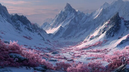 Snow-Covered Mountains Surrounded by Glowing Pink Cherry Blossoms in a Serene Landscape