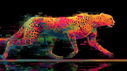 Vibrant Cheetah Morphing with Pixelated Glitch Effects and Colorful Spots on Black Background