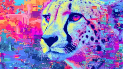 Cheetah's Colorful Transformation with Pixelated and Glitch Effects in Abstract Background