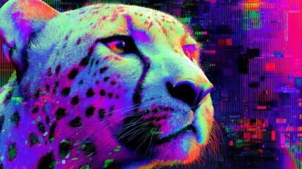 Vibrant Cheetah with Glitch and Pixelated Effects in Abstract Digital Art Style