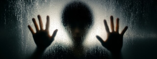 Silhouette of a Person Behind Frosted Glass with Hands Pressed Against the Surface Creating a Mysterious Atmosphere