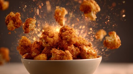 Crispy Buffalo Cauliflower Bites Exploding from a Bowl in a Dynamic Food Photography Scene