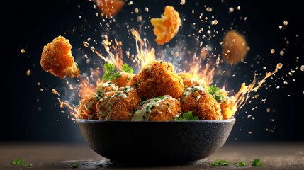 Crispy Buffalo Cauliflower Bites Exploding from a Bowl in a Dynamic and Visually Striking Presentation