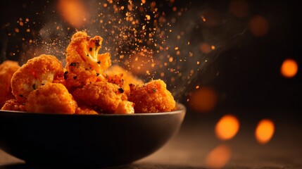 Crispy Buffalo Cauliflower Bites Exploding with Flavor from a Bowl Surrounded by Spice Particles and Warm Lighting