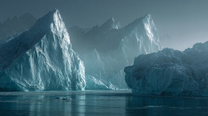 Majestic Icy Glaciers with Turquoise Cracks and Mist in a Cold Atmospheric Landscape
